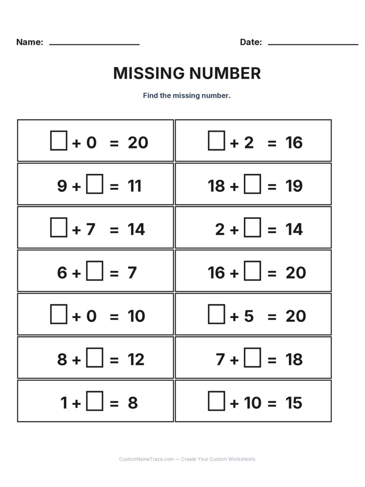 Grade 1 Addition Missing Number worksheet 11 for kids