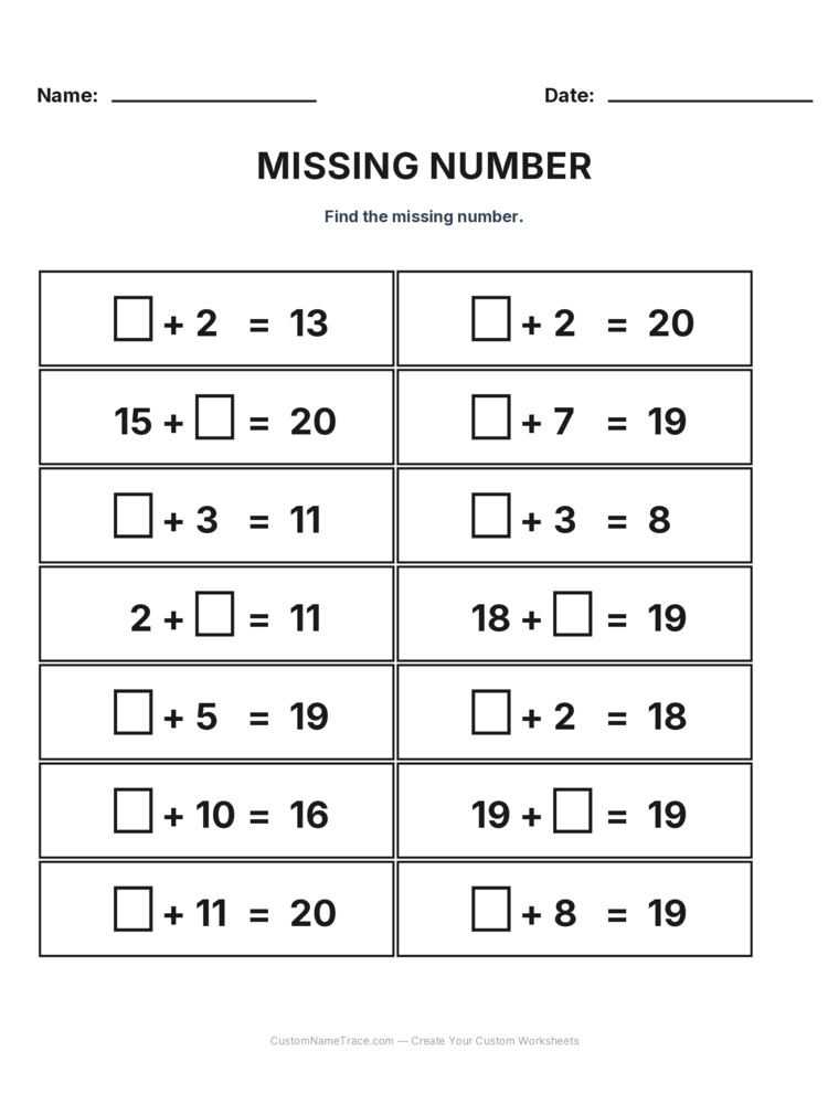 Grade 1 Addition Missing Number worksheet 12 for kids
