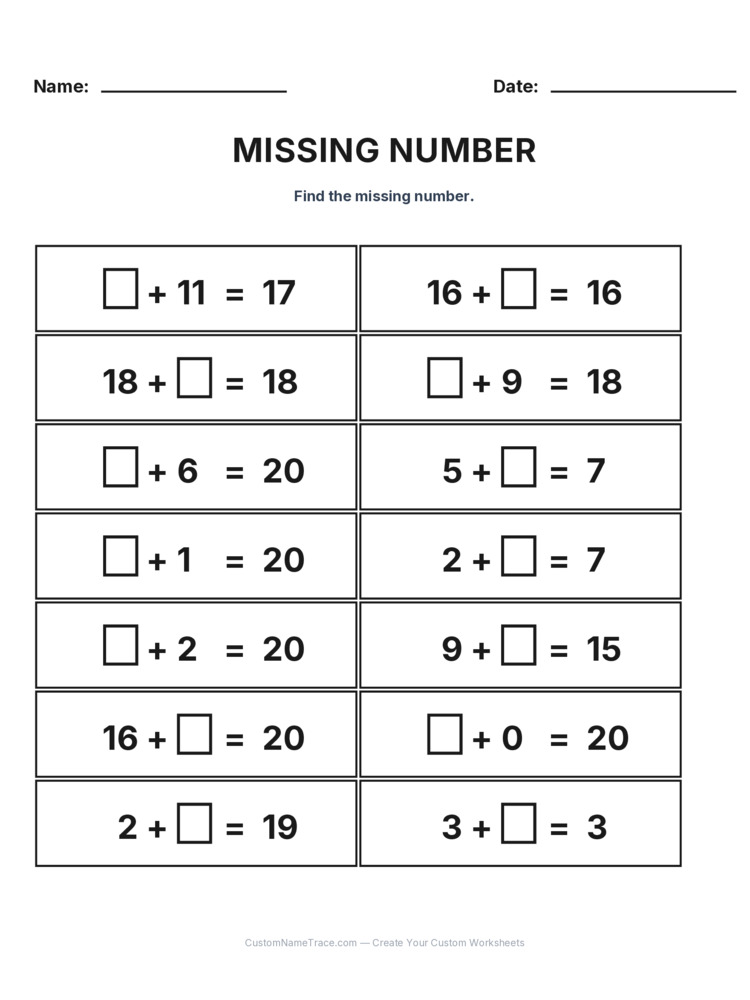 Grade 1 Addition Missing Number worksheet 13 for kids