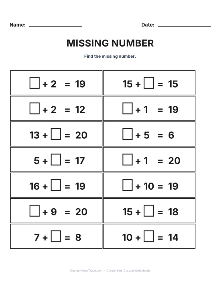 Grade 1 Addition Missing Number worksheet 14 for kids