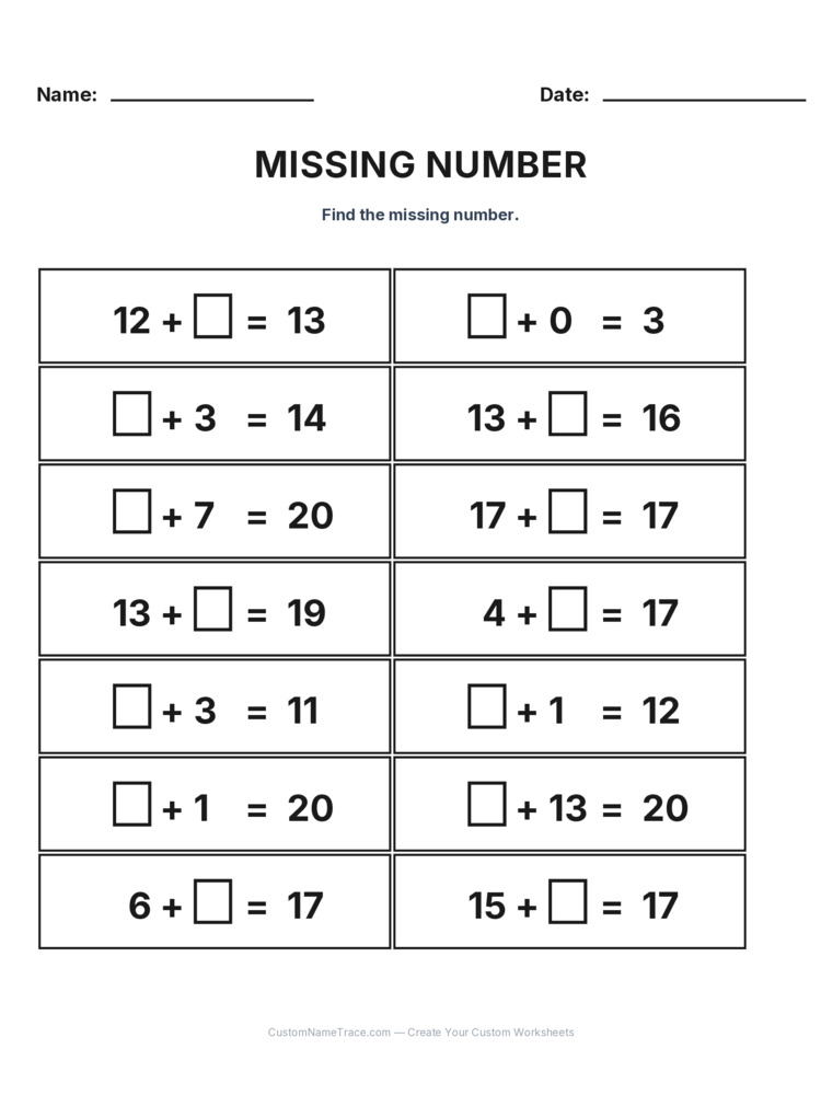 Grade 1 Addition Missing Number worksheet 15 for kids