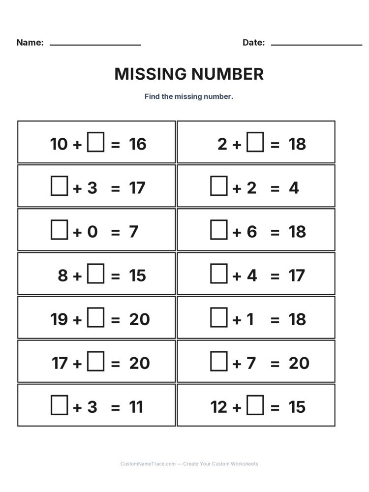 Grade 1 Addition Missing Number worksheet 16 for kids