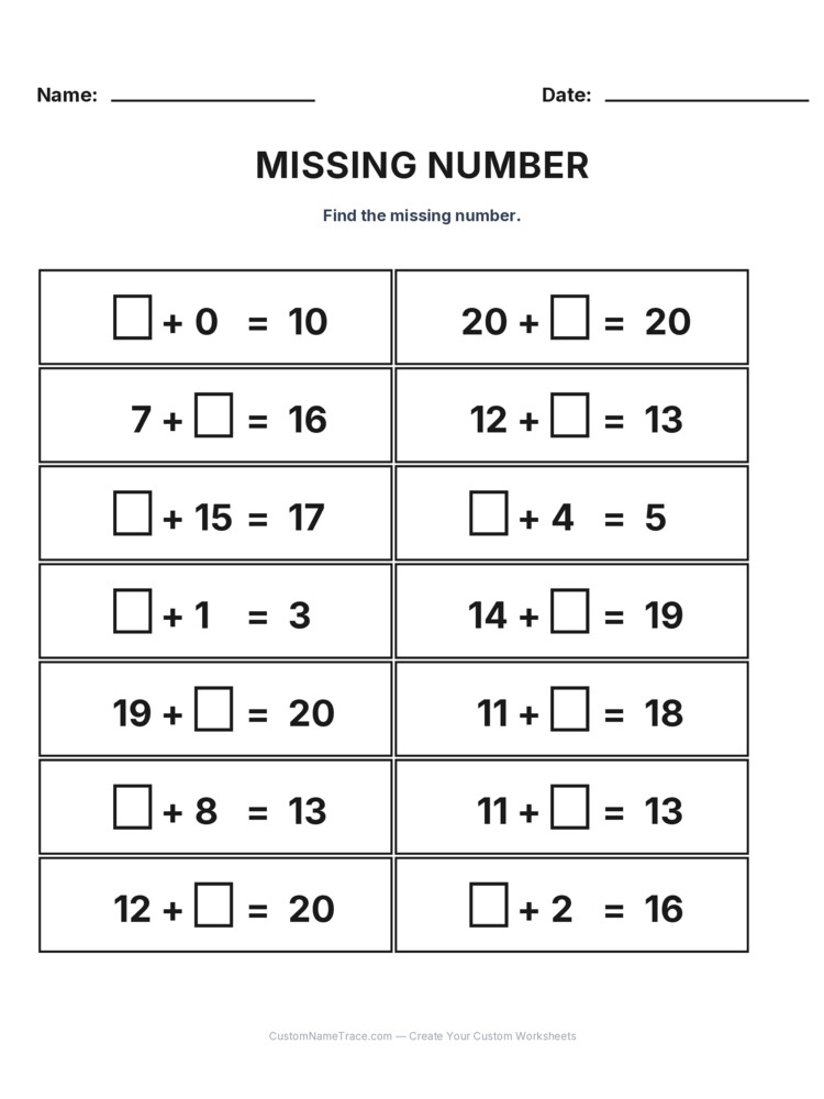 Grade 1 Addition Missing Number worksheet 17 for kids