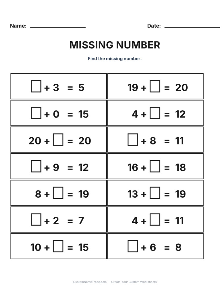 Grade 1 Addition Missing Number worksheet 18 for kids