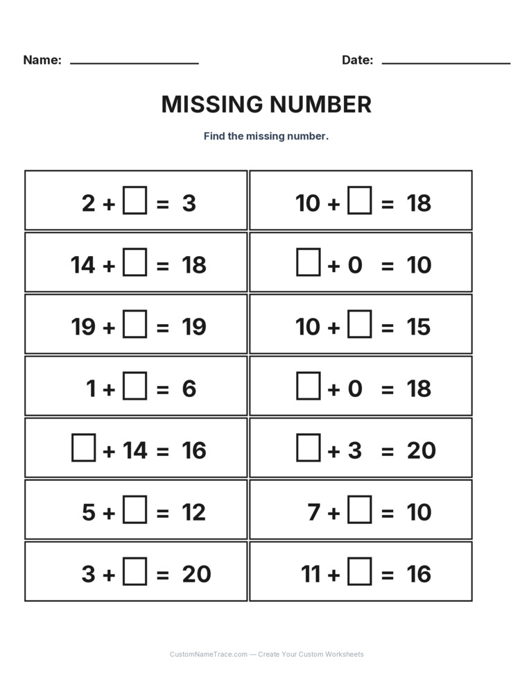 Grade 1 Addition Missing Number worksheet 19 for kids