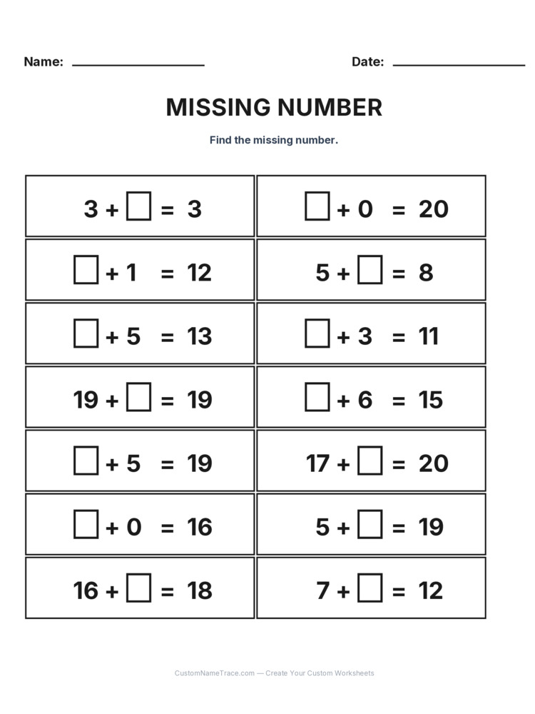 Grade 1 Addition Missing Number worksheet 2 for kids