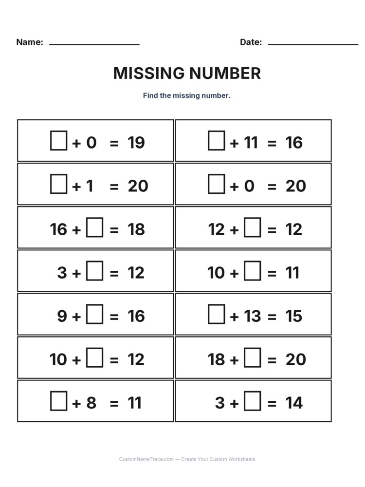 Grade 1 Addition Missing Number worksheet 20 for kids