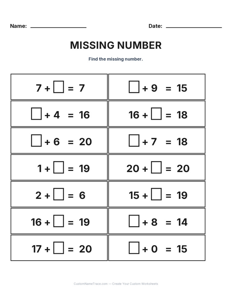 Grade 1 Addition Missing Number worksheet 21 for kids