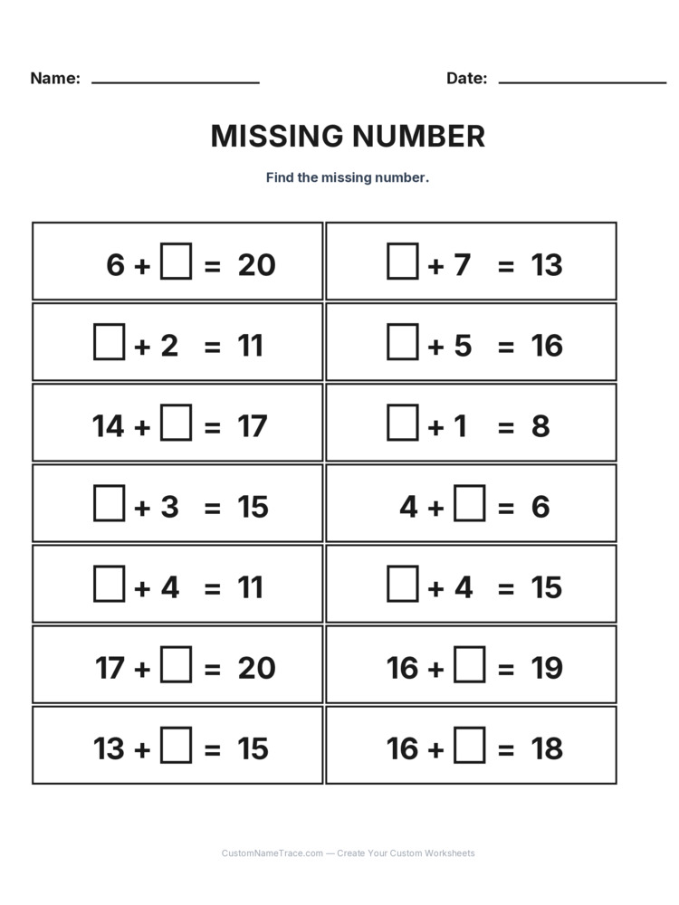 Grade 1 Addition Missing Number worksheet 22 for kids