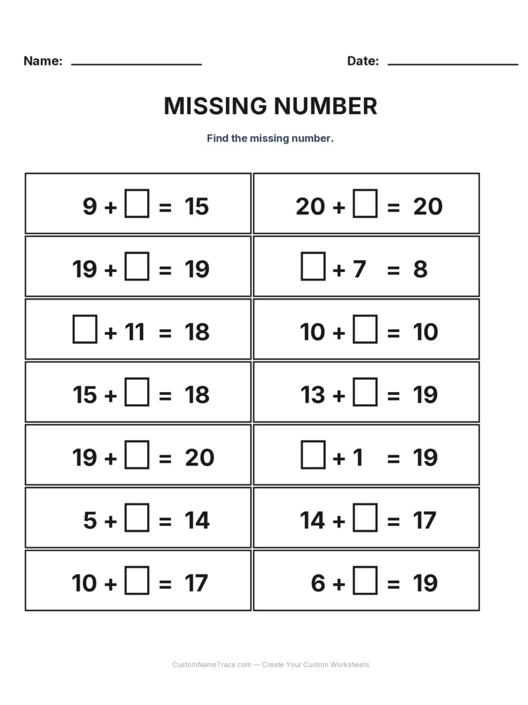 Grade 1 Addition Missing Number worksheet 23 for kids