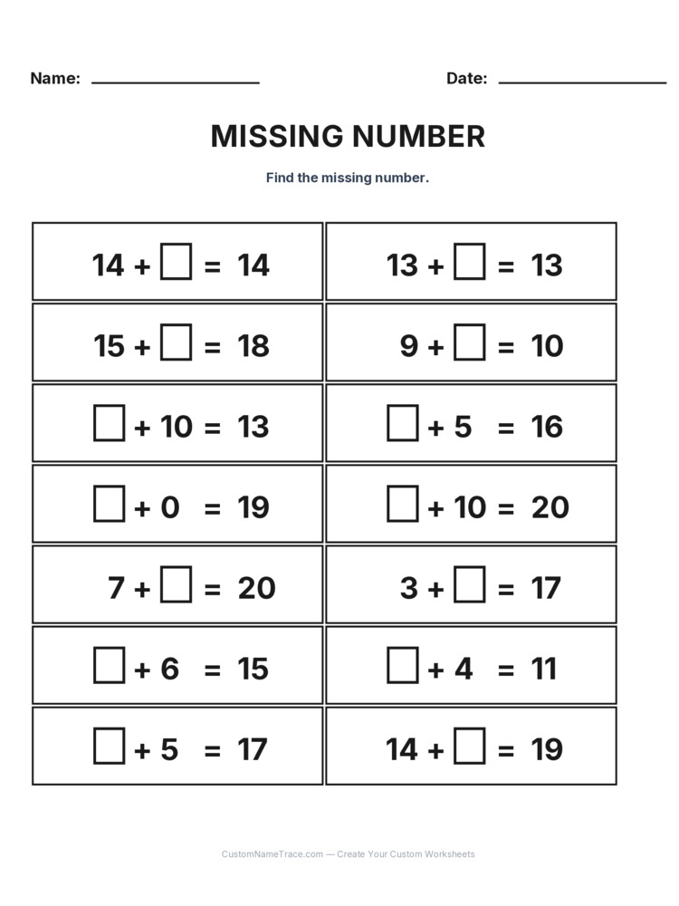Grade 1 Addition Missing Number worksheet 24 for kids