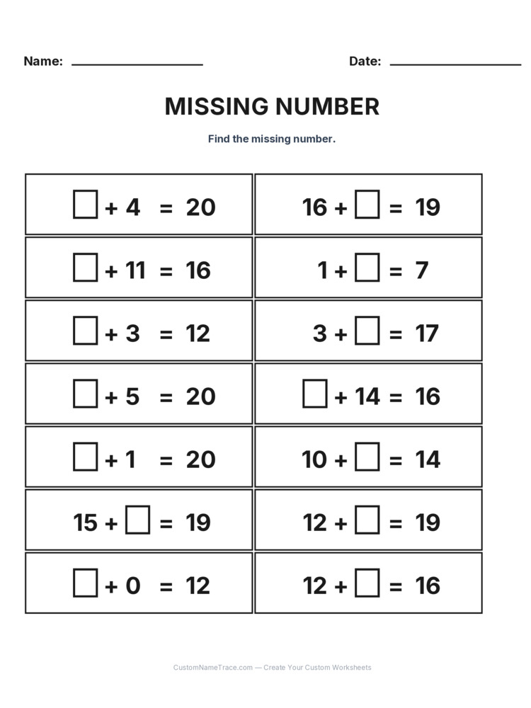 Grade 1 Addition Missing Number worksheet 25 for kids