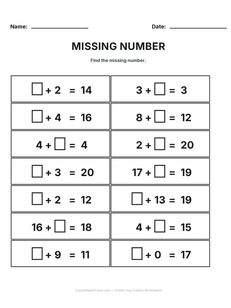Grade 1 Addition Missing Number worksheet 26 for kids