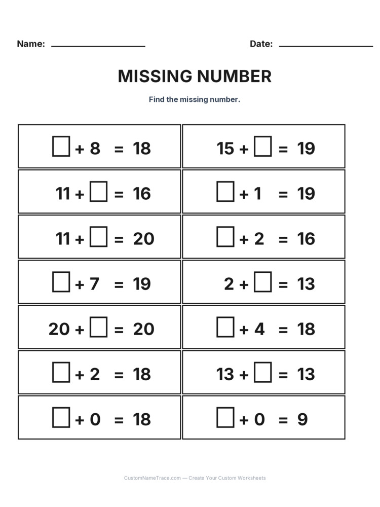 Grade 1 Addition Missing Number worksheet 27 for kids