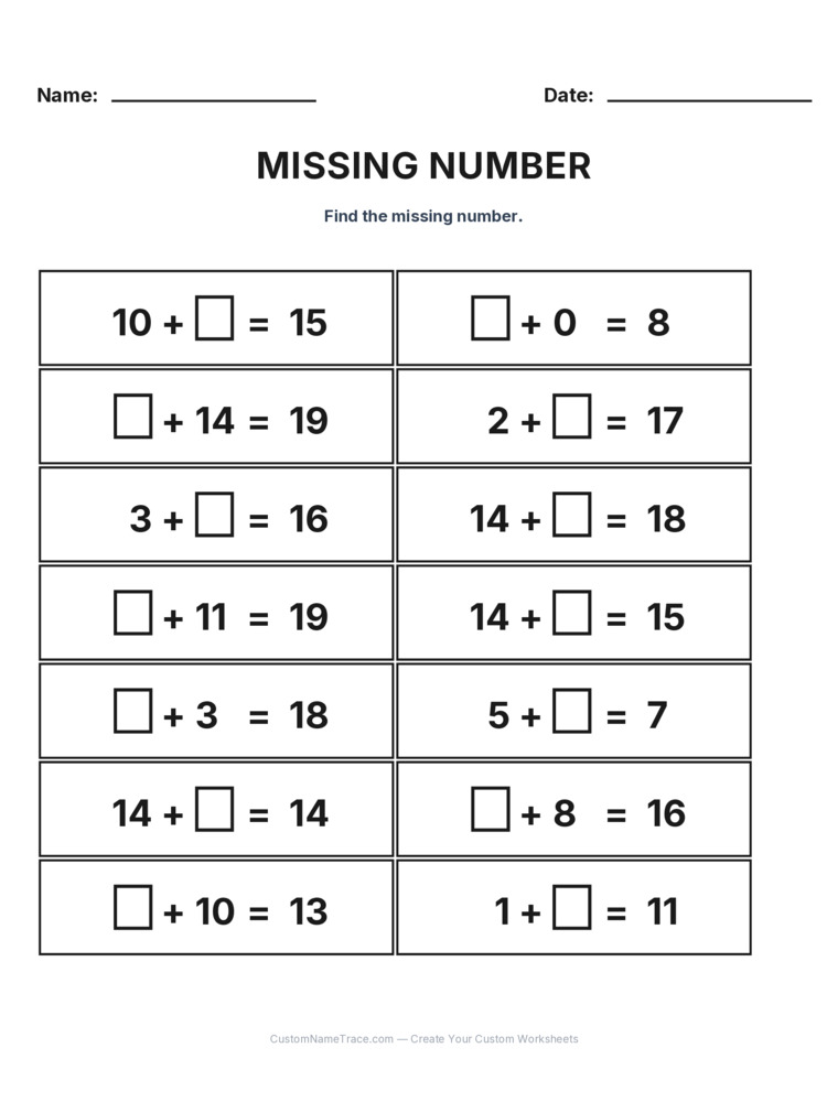 Grade 1 Addition Missing Number worksheet 28 for kids