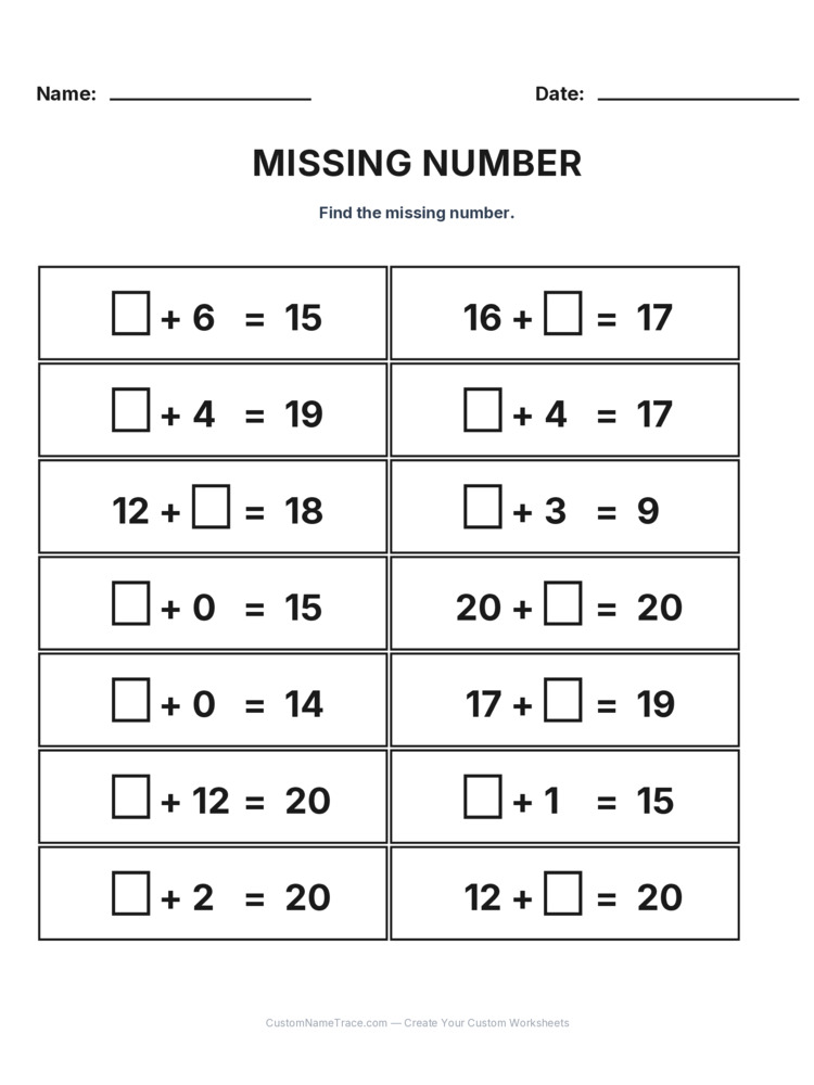 Grade 1 Addition Missing Number worksheet 29 for kids