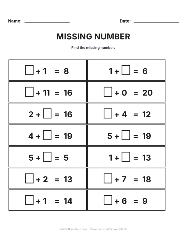 Grade 1 Addition Missing Number worksheet 3 for kids