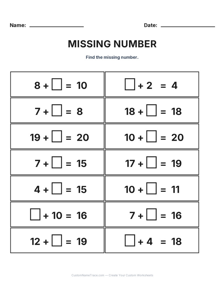 Grade 1 Addition Missing Number worksheet 30 for kids