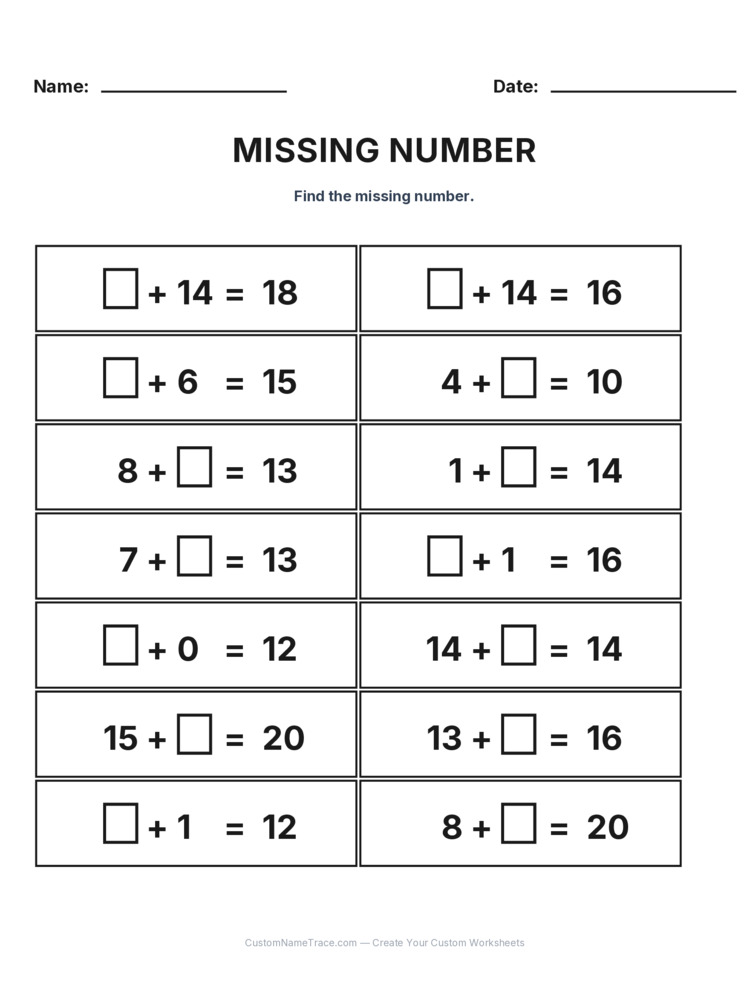 Grade 1 Addition Missing Number worksheet 4 for kids