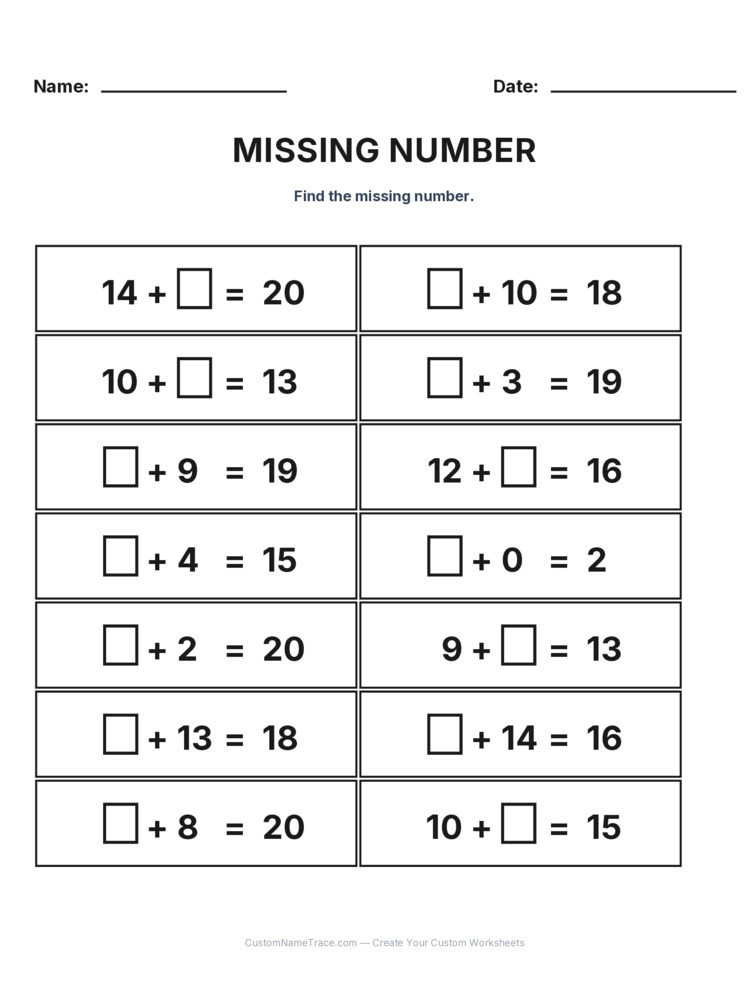 Grade 1 Addition Missing Number worksheet 5 for kids