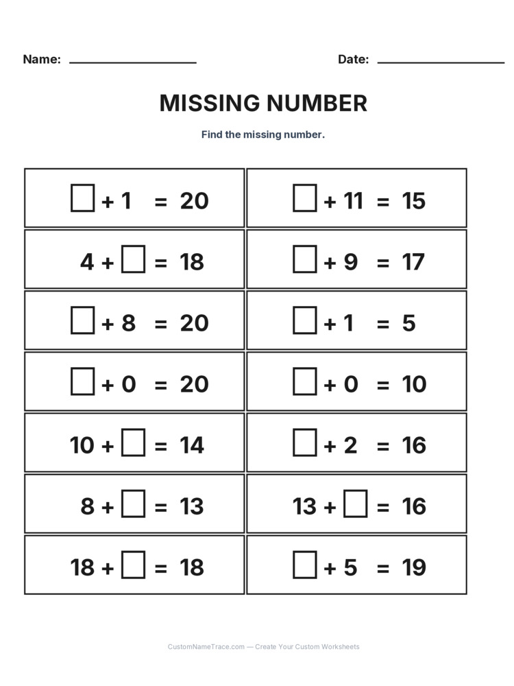 Grade 1 Addition Missing Number worksheet 6 for kids