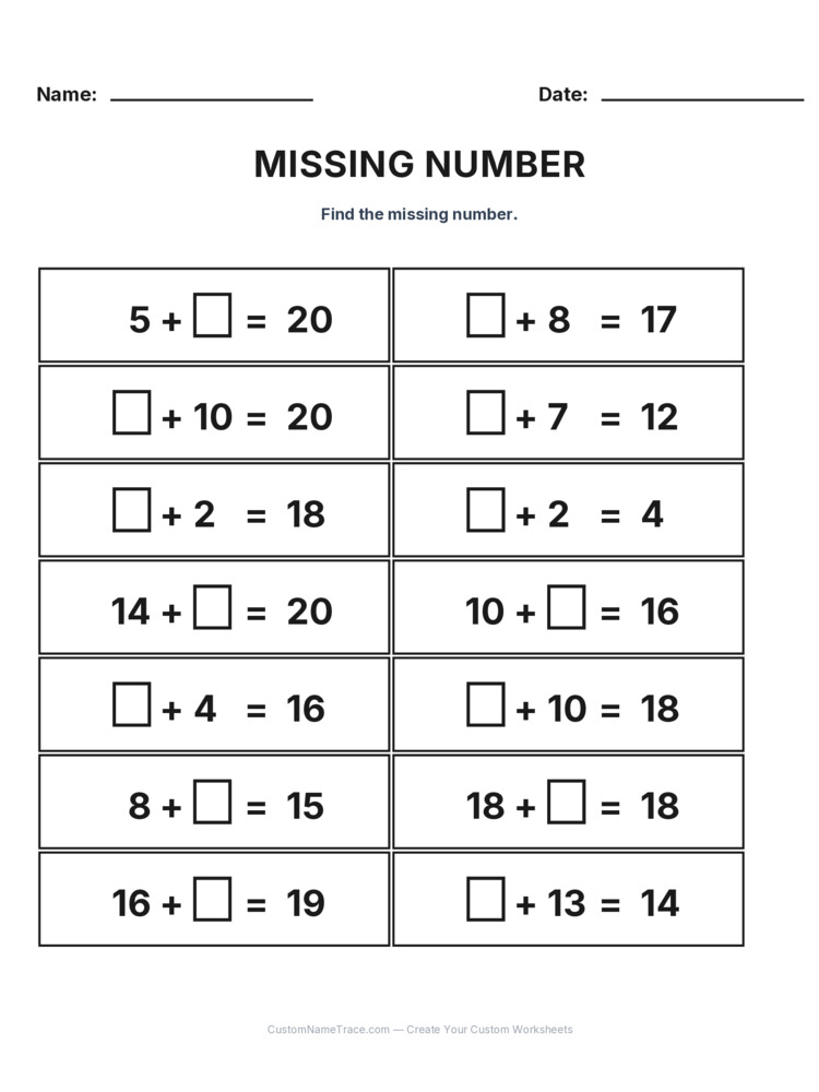 Grade 1 Addition Missing Number worksheet 7 for kids