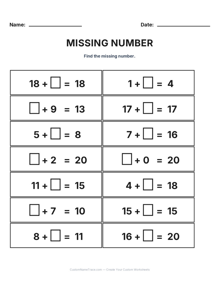 Grade 1 Addition Missing Number worksheet 8 for kids