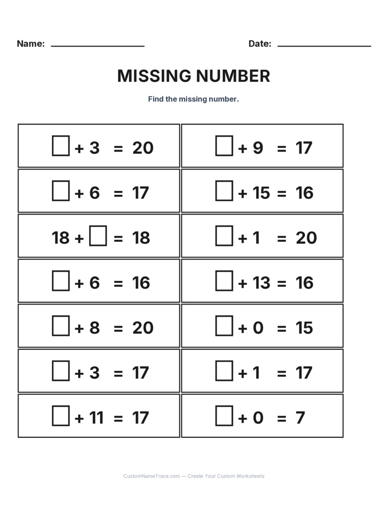 Grade 1 Addition Missing Number worksheet 9 for kids