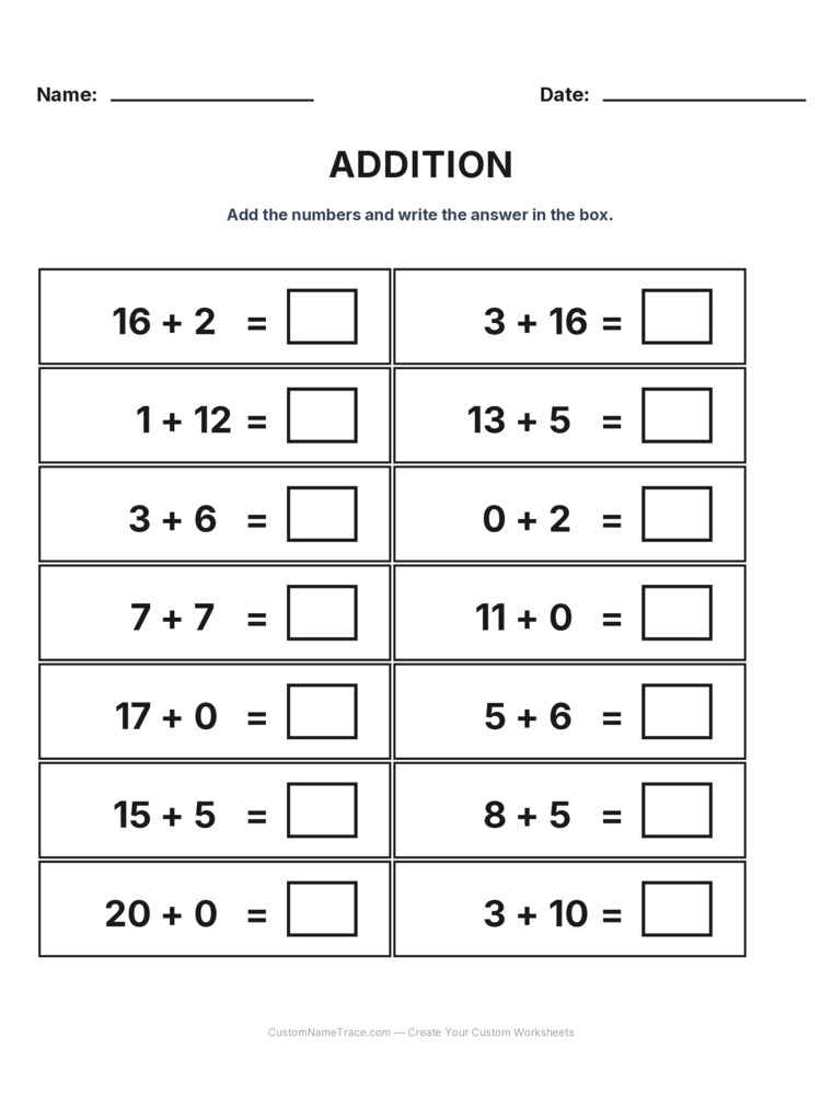 Grade 1 Addition Within 20 worksheet 1 for kids