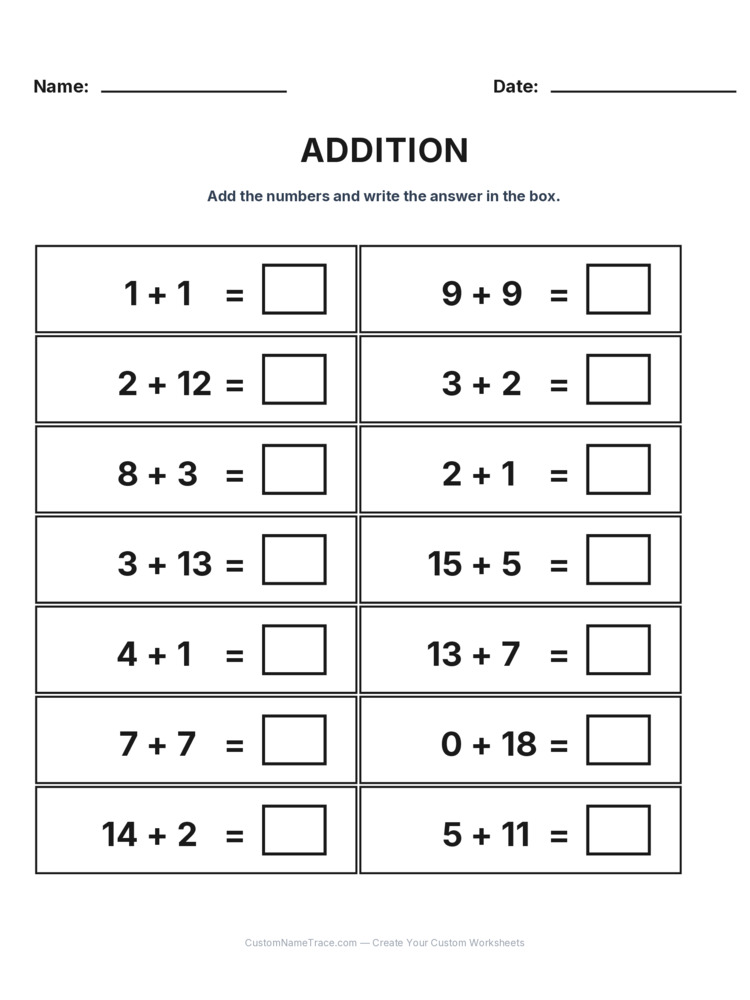 Grade 1 Addition Within 20 worksheet 11 for kids