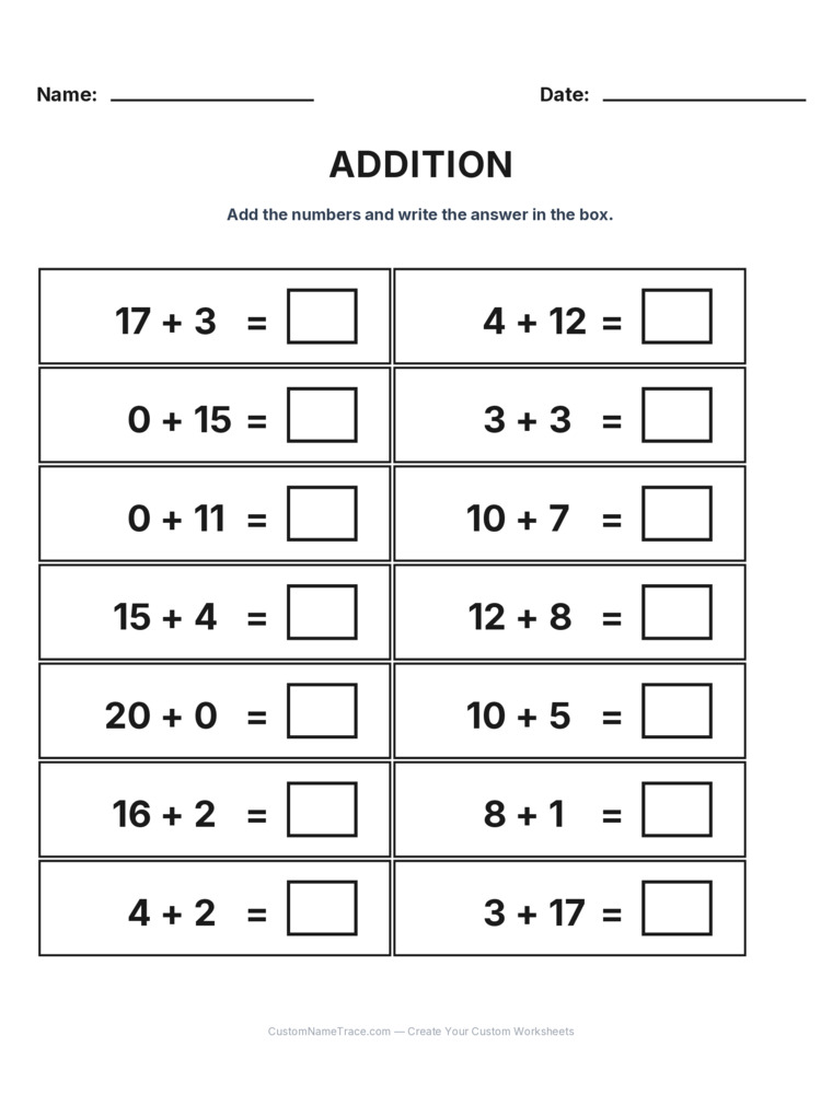 Grade 1 Addition Within 20 worksheet 12 for kids