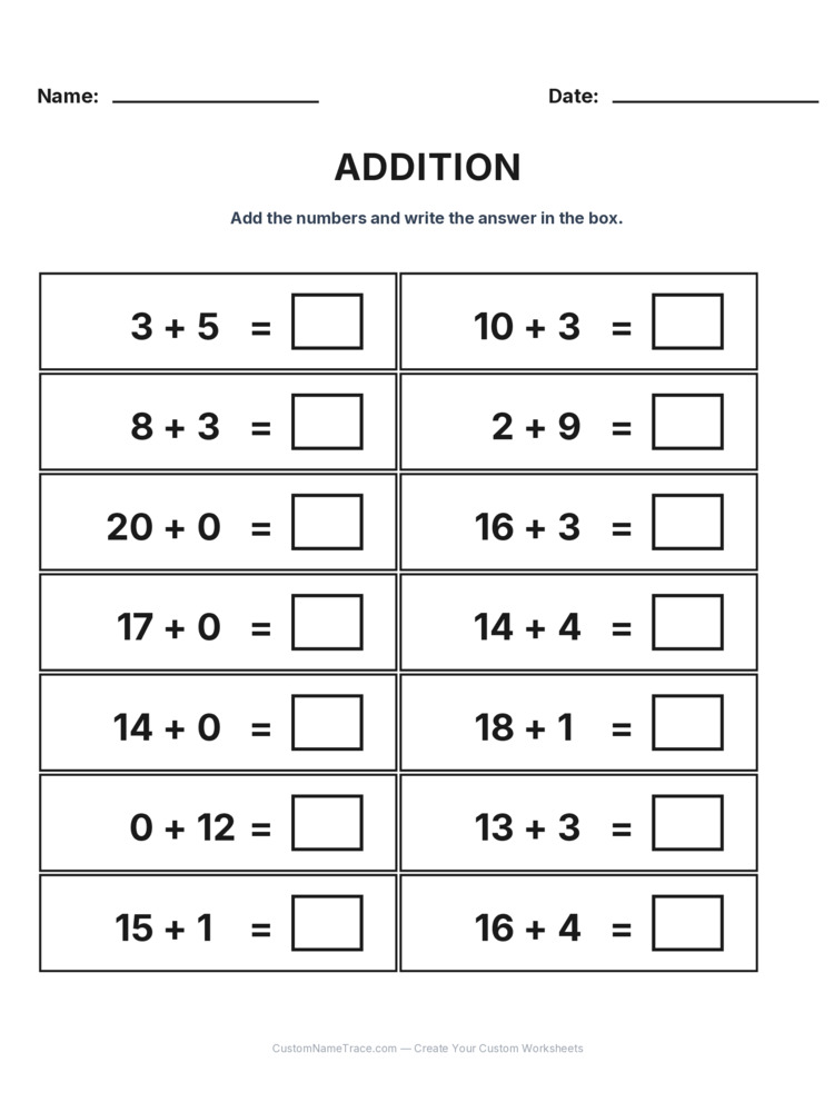 Grade 1 Addition Within 20 worksheet 13 for kids