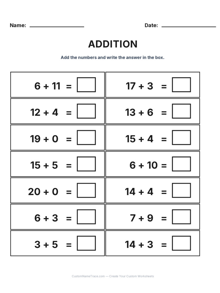 Grade 1 Addition Within 20 worksheet 14 for kids