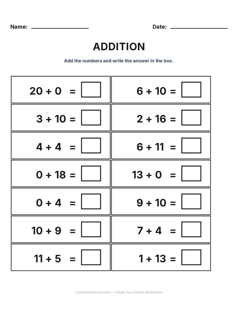 Grade 1 Addition Within 20 worksheet 15 for kids