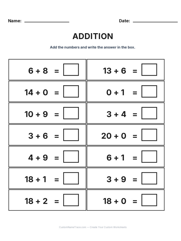 Grade 1 Addition Within 20 worksheet 16 for kids