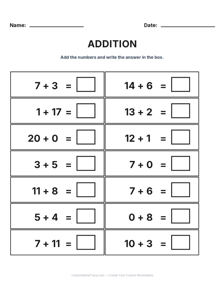 Grade 1 Addition Within 20 worksheet 17 for kids