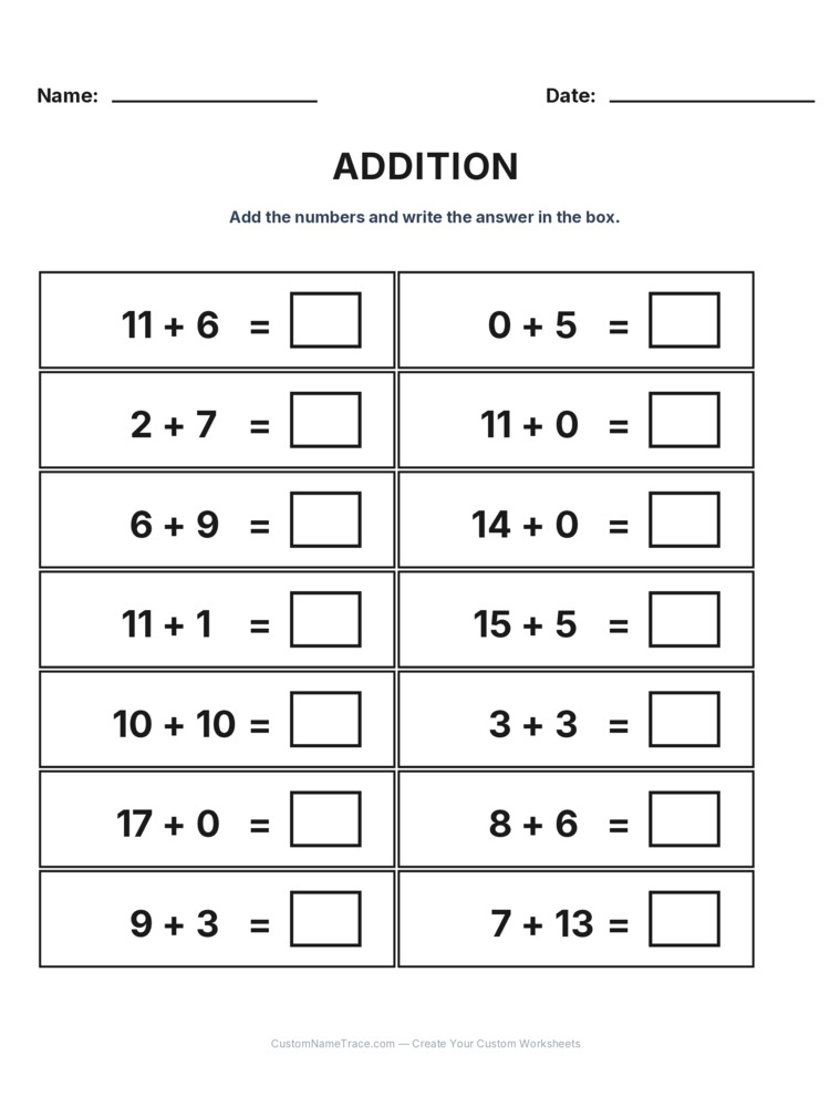 Grade 1 Addition Within 20 worksheet 18 for kids