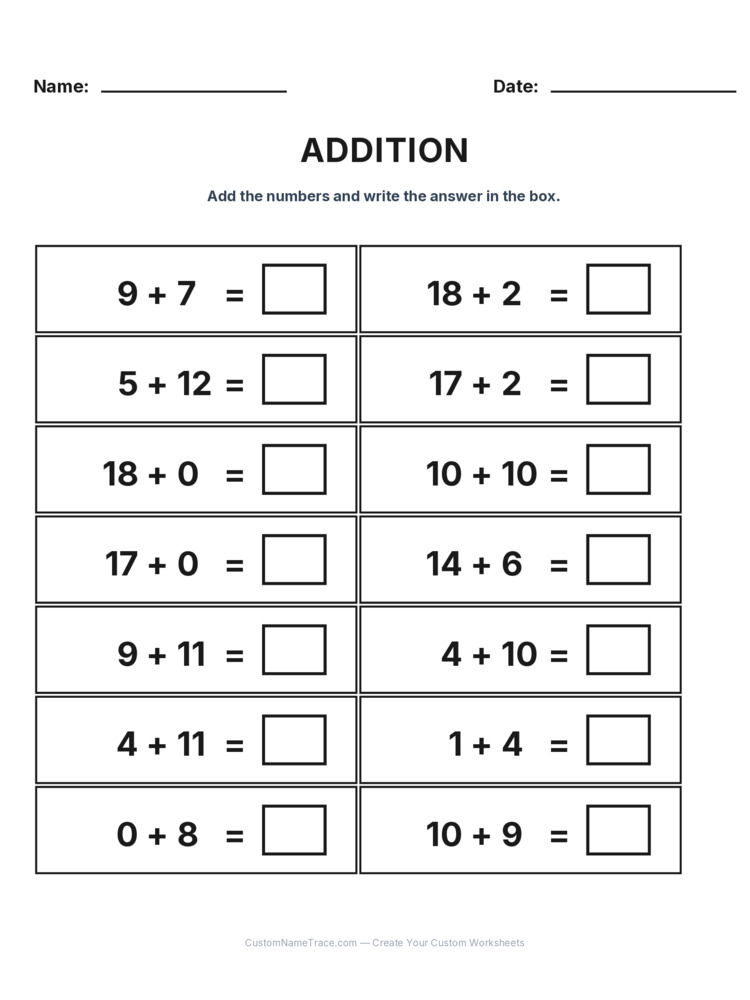 Grade 1 Addition Within 20 worksheet 19 for kids