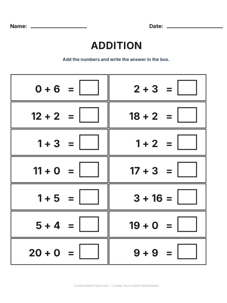 Grade 1 Addition Within 20 worksheet 2 for kids