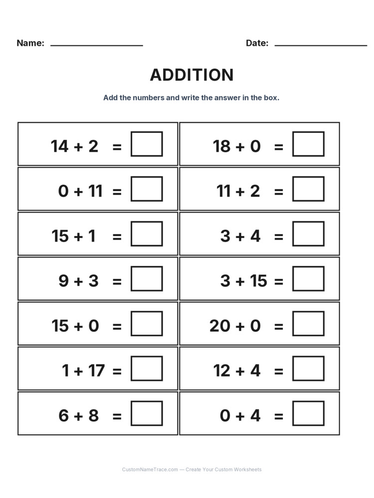 Grade 1 Addition Within 20 worksheet 20 for kids