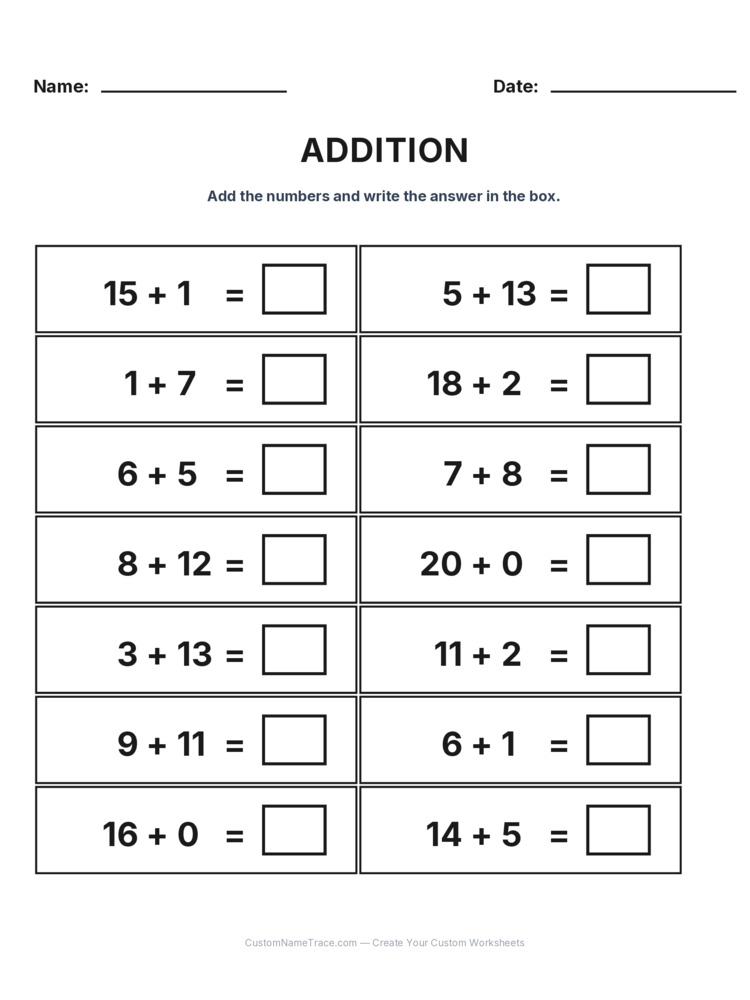 Grade 1 Addition Within 20 worksheet 21 for kids