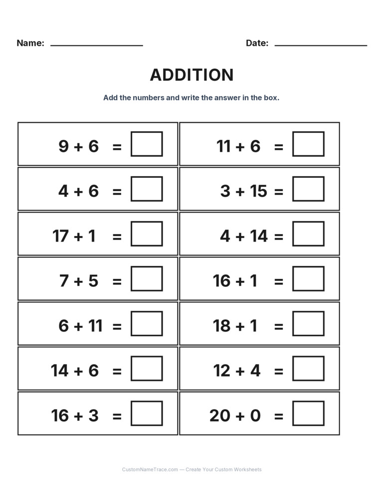 Grade 1 Addition Within 20 worksheet 23 for kids