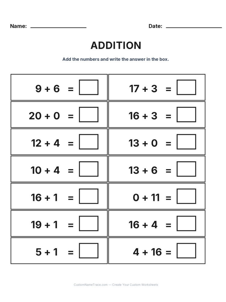 Grade 1 Addition Within 20 worksheet 24 for kids