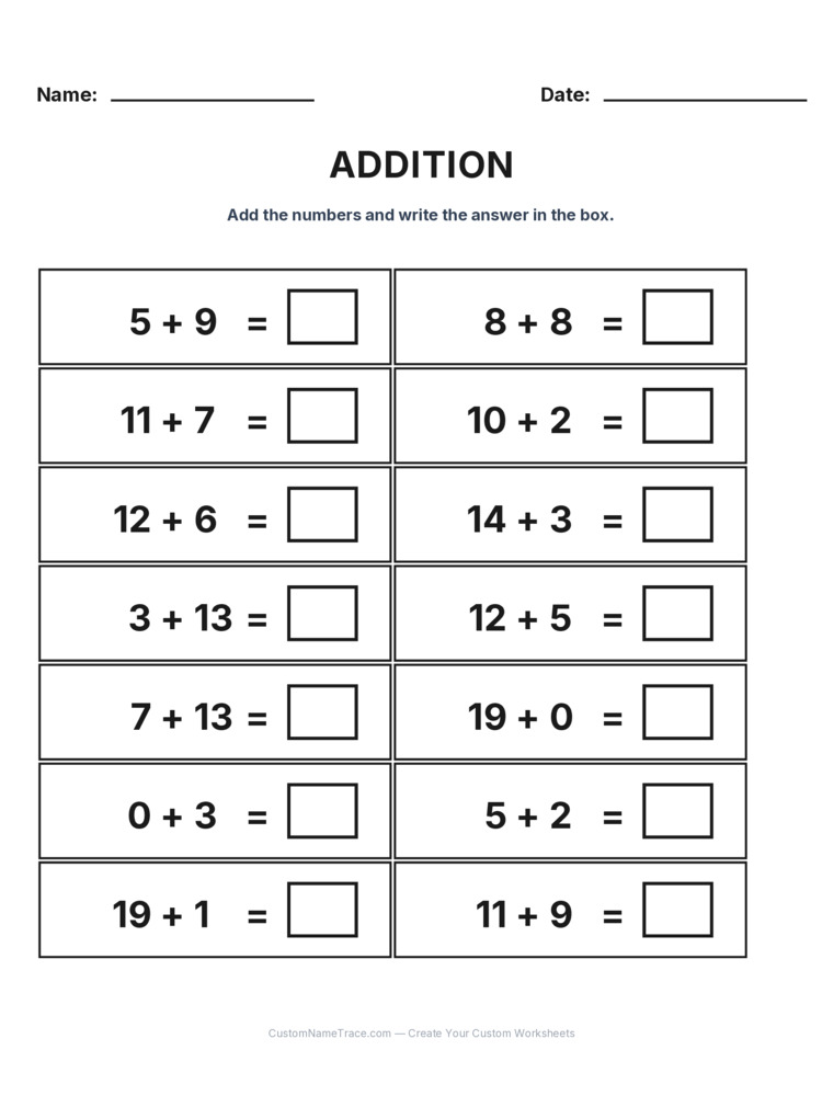 Grade 1 Addition Within 20 worksheet 25 for kids