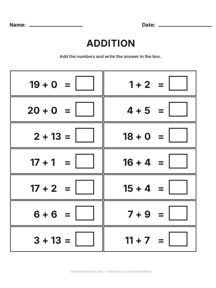 Grade 1 Addition Within 20 worksheet 26 for kids