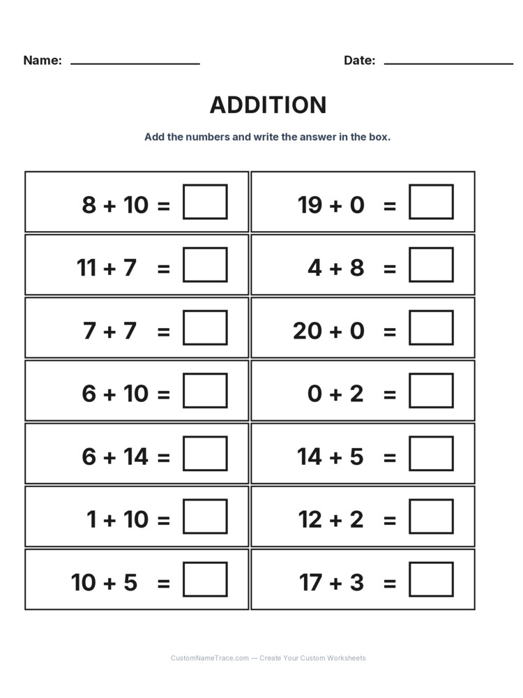 Grade 1 Addition Within 20 worksheet 27 for kids