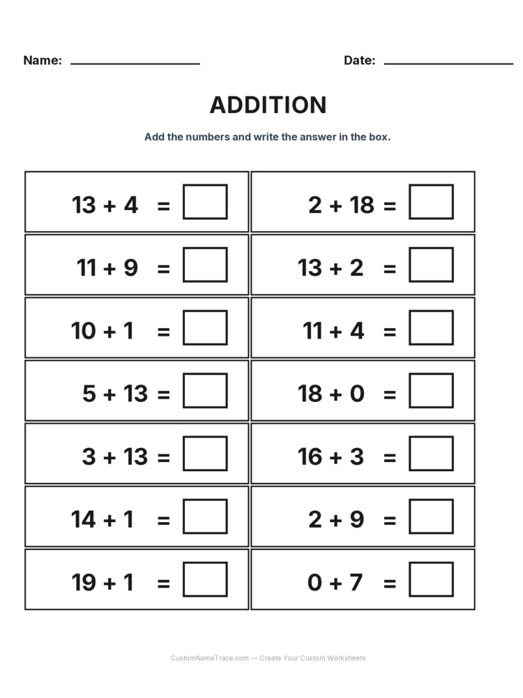 Grade 1 Addition Within 20 worksheet 28 for kids