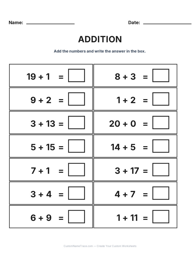 Grade 1 Addition Within 20 worksheet 29 for kids