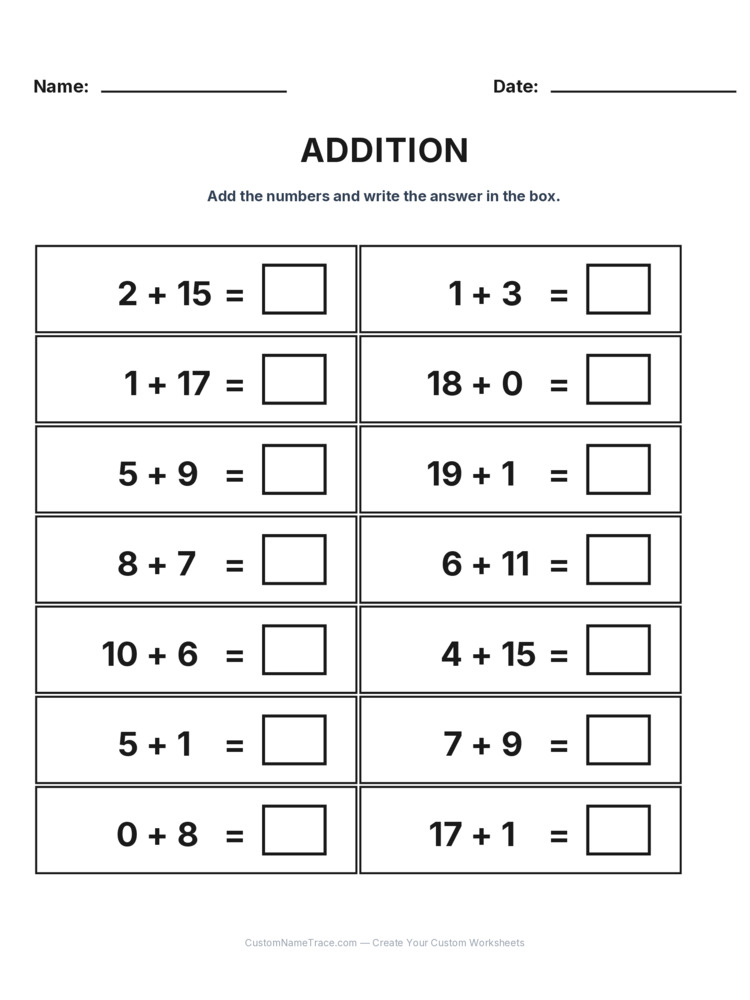 Grade 1 Addition Within 20 worksheet 3 for kids