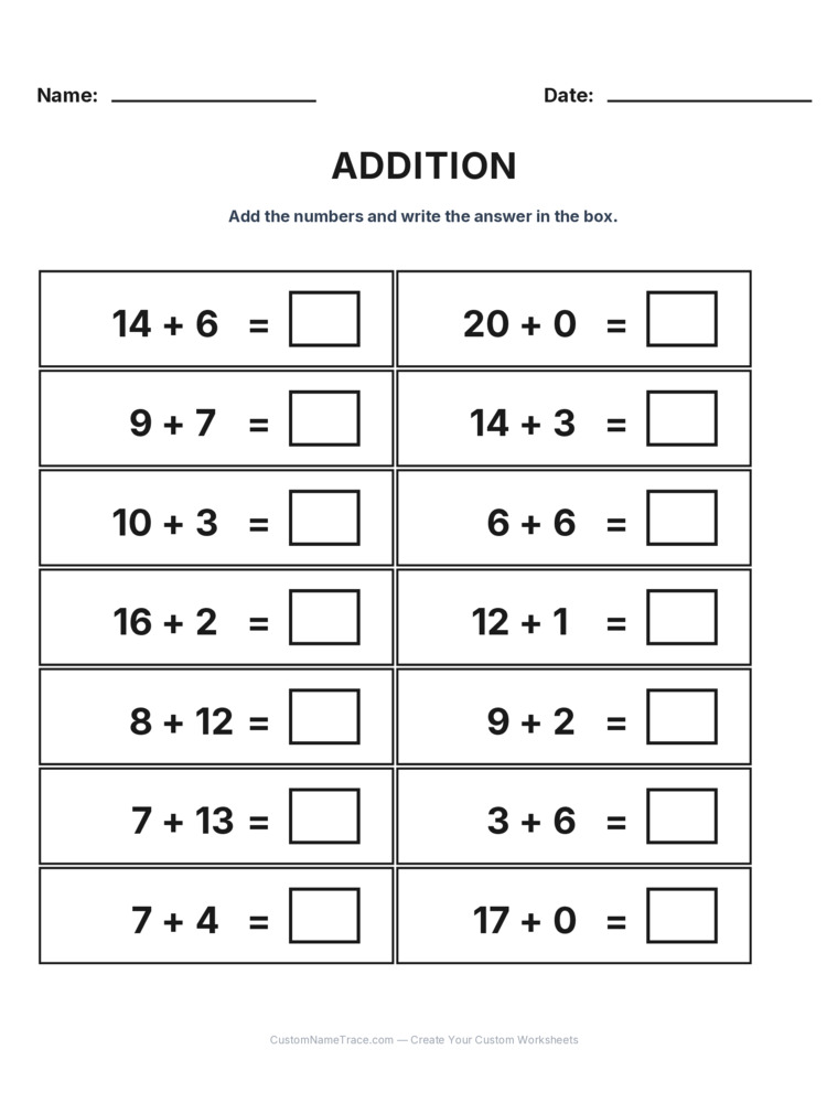 Grade 1 Addition Within 20 worksheet 30 for kids